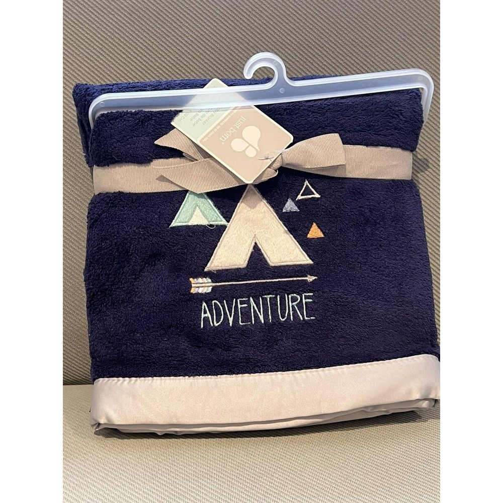 Just Born Adventure Baby Blanket Embroidered Arrow Navy Blue Gray Satin Trim New